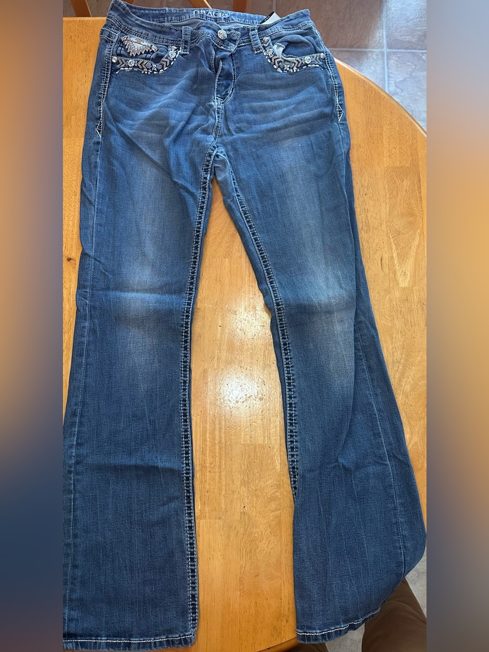 Grace in LA Dark Blue Embellished Bootcut Jeans